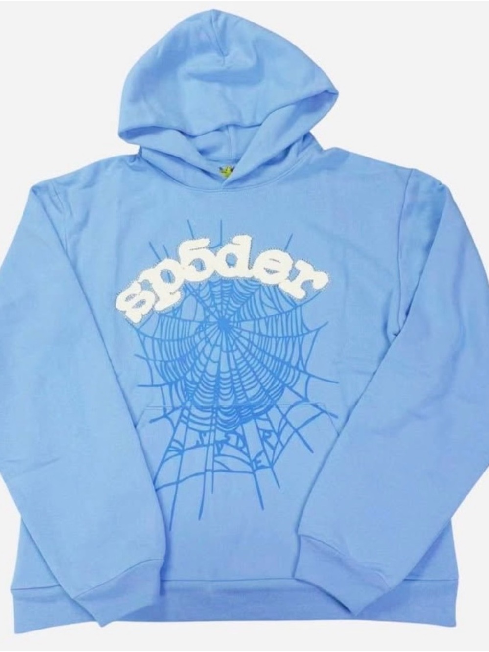Light Blue Sp5der Hoodie with Spiderweb Design- Size L